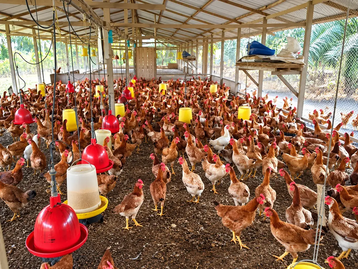 Chickens and feeding equipment in the Kim Yoon Soon chicken house